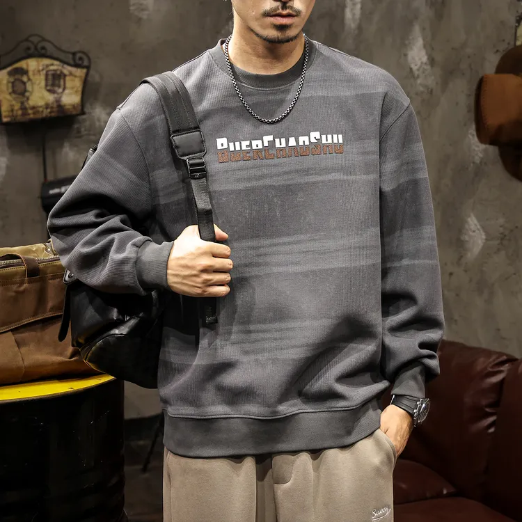 MR.MUDI/穆迪先生高端圆领卫衣男美式春秋款宽松条纹拼色印花长袖