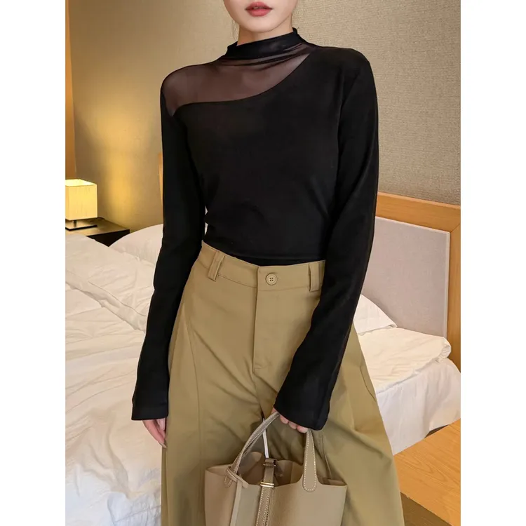 半高领网纱拼接黑色打底衫女2025新款秋冬装磨毛高级t恤内搭上衣
