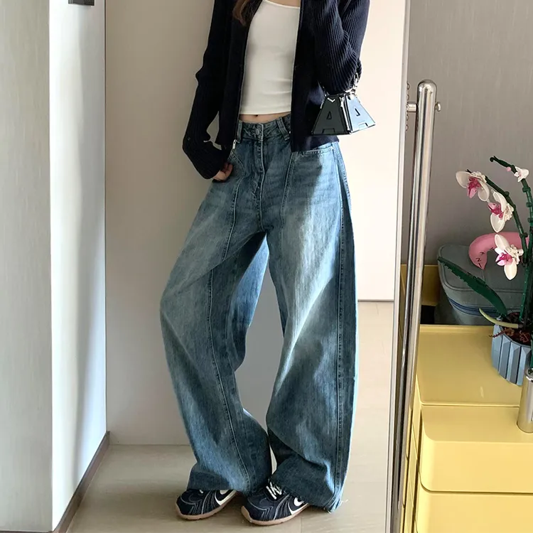 高个子显瘦百搭镰刀牛仔裤女秋季新款设计感复古高腰宽松阔腿长裤