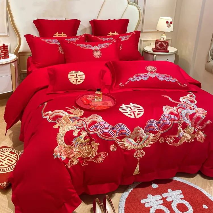 水星家纺中式龙凤刺绣全棉婚庆四件套大红纯棉结婚喜被套床上用品