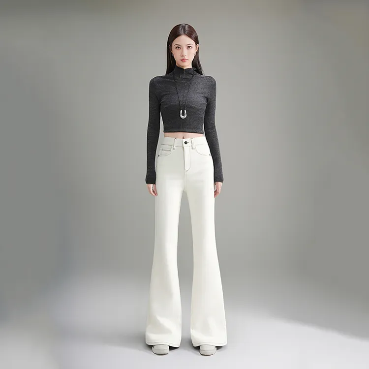 悉妍 加绒加厚牛仔裤女喇叭裤显瘦2025秋冬新款九分裤纯白色9976
