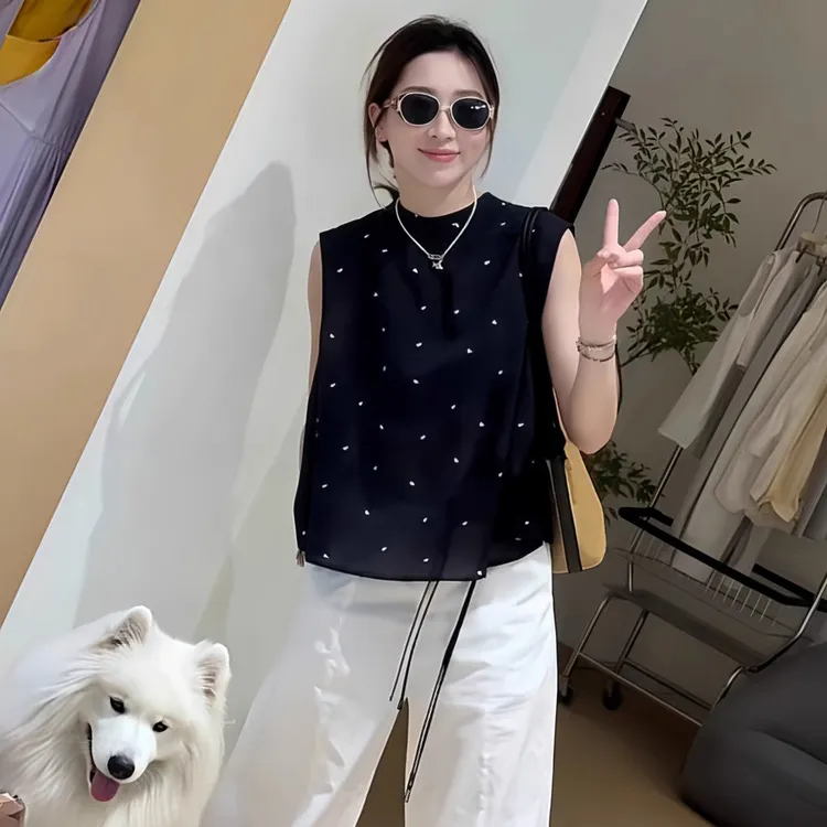 拉夏贝尔韩版爱心无袖衬衫女2025年夏季新款休闲减龄显瘦上衣小衫