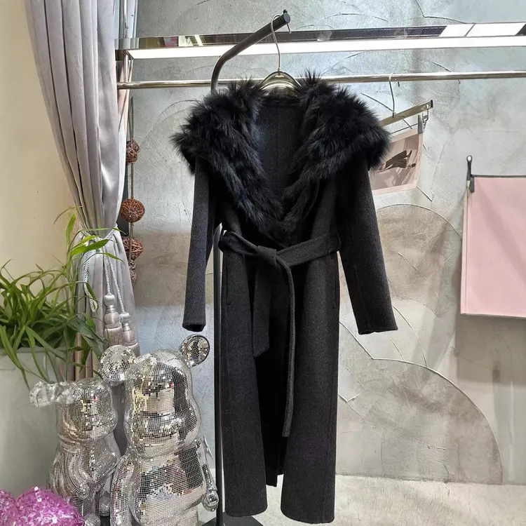 2025秋冬新款高级羊绒大衣女长款狐狸毛双面羊毛呢大衣长款外套女
