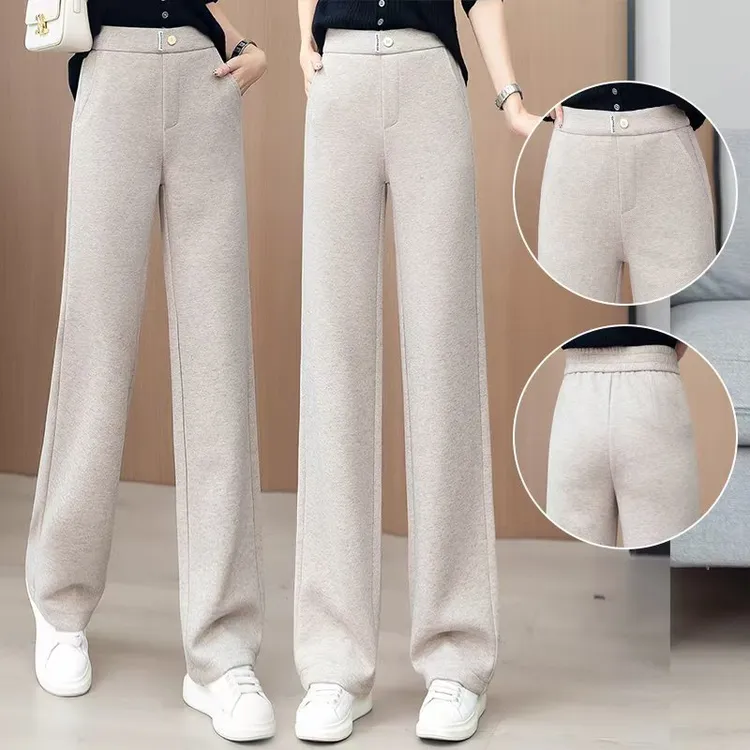 毛呢窄版阔腿裤女2025秋冬季新款高腰后松紧休闲直筒裤