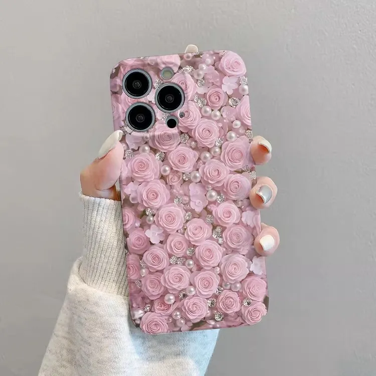 粉色玫瑰珍珠适用苹果17/16菲林手机壳华为创意vivo小米15高级opp