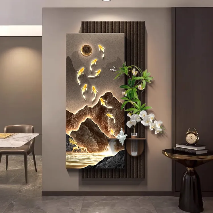 流水生财立体高级玄关装饰画入户正对门挂画造景客厅走廊过道壁画
