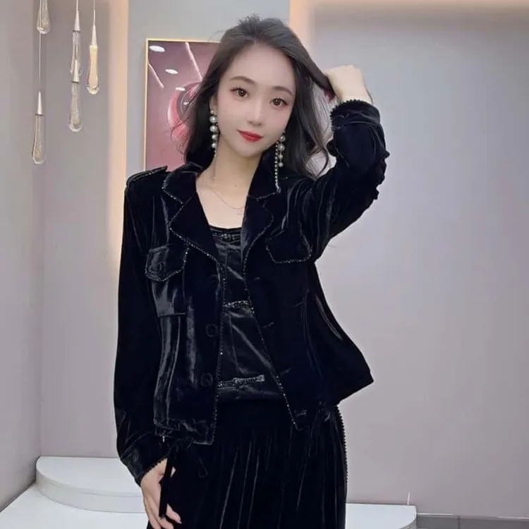 单件外套手工穿珠底边抽绳休闲宽松长袖口袋短款洋气时尚#马9888