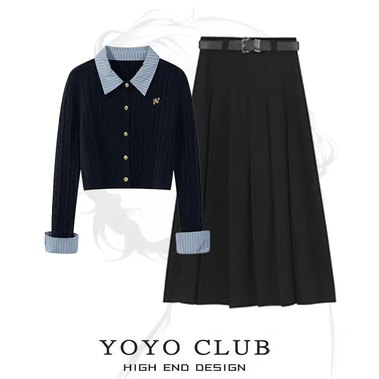 秋冬套装女2025新款学院风Polo领假两件针织毛衣半身裙显瘦两件套