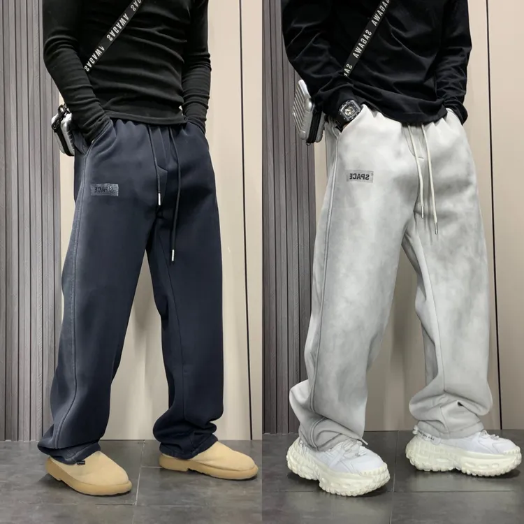 冬季新款加绒加厚直筒长裤宽松阔腿休闲裤子男士百搭渐变色运动裤