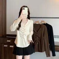 长大码女装V领褶皱证肩长袖针织衫胖妹妹2025秋季显瘦上衣69351