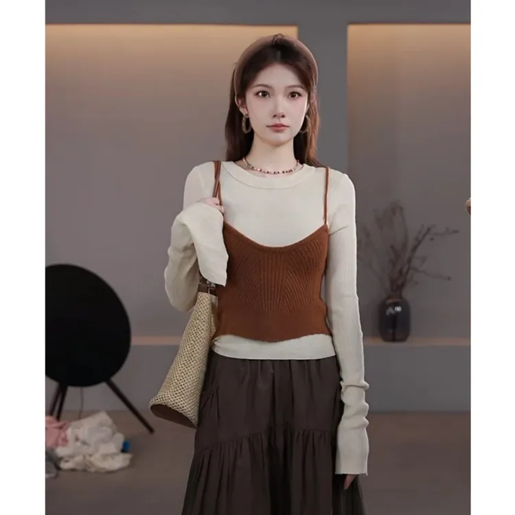 【LIbaibai】早秋新款长袖针织衫内搭时尚休闲假两件上衣DD-0590