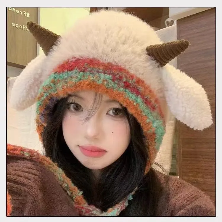 可爱小羊耳朵新款针织毛线帽子女秋冬季双层加绒保暖韩版包头帽