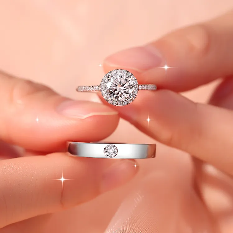 心草 925银莫桑石戒指 小圆糖情侣对戒闪耀轻奢告白订婚求婚礼物