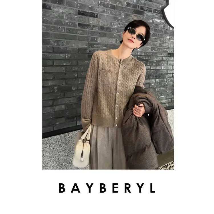 BAYBERYL老贝soft开衫*绞花单口袋通勤羊绒针织衫ZZS5F1806-10/15