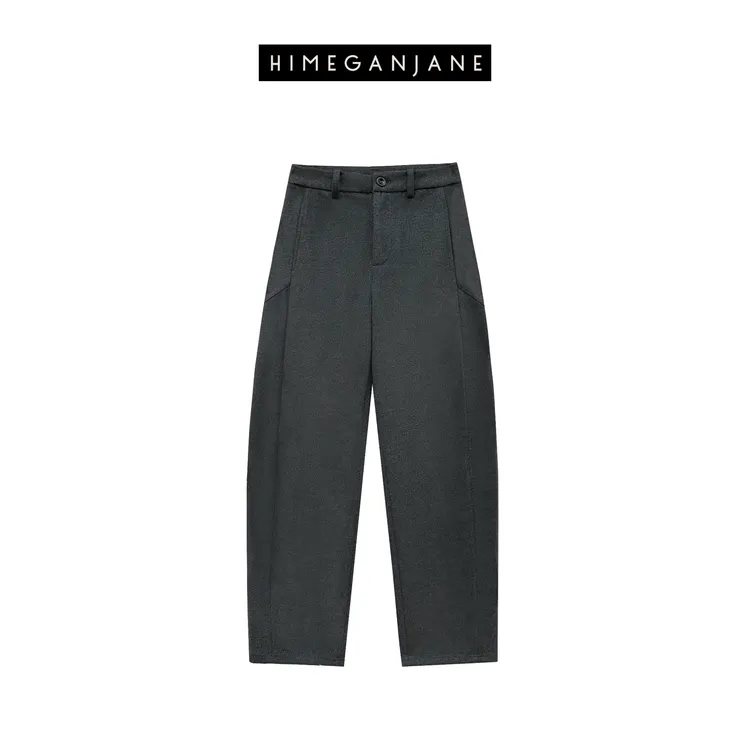 HIMEGANJANE 灰色毛呢裤 羊毛混纺松弛慵懒舒适休闲裤NJ0028