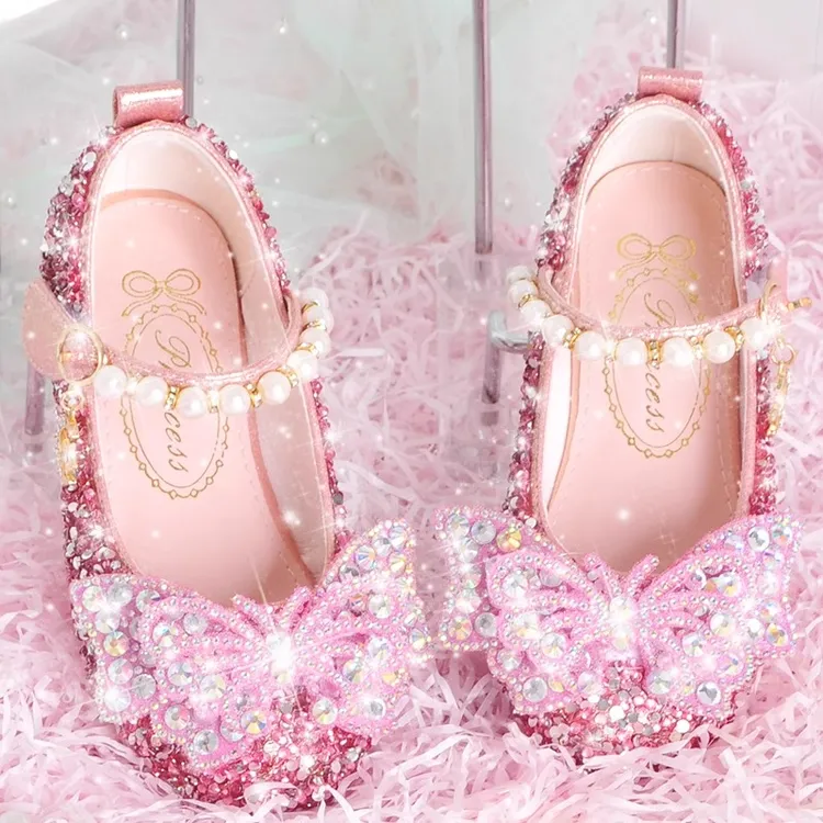 女童爱莎水晶鞋软底公主鞋2025新款单鞋演出走秀中大童鞋子水钻鞋