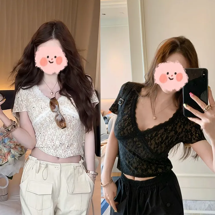 FRVXO【豆蔻花蕾】修身蕾丝V领短袖T恤/无袖吊带上衣潮流休闲裤套装