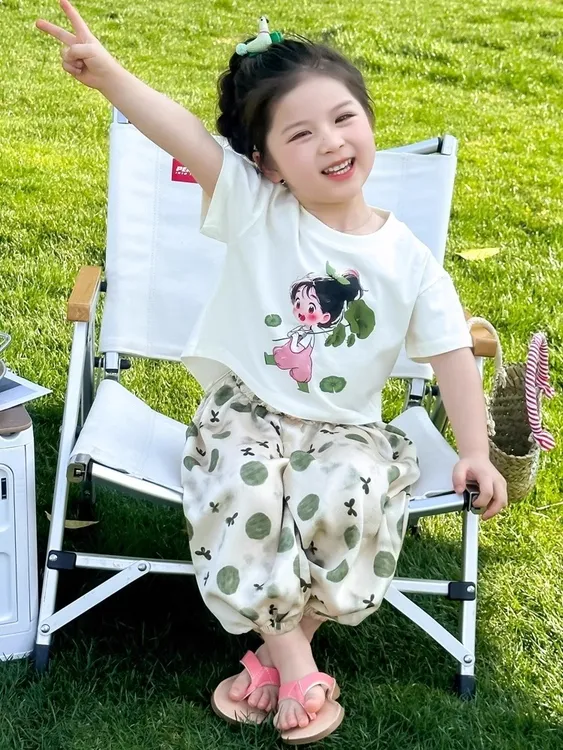 女童夏装卡通短袖套装2025新款儿童防蚊裤时髦两件套宝宝夏季衣服