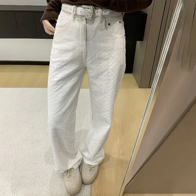 重工镶钻亮闪满天星烫钻牛仔裤女士新款高腰直筒裤宽松阔腿裤子