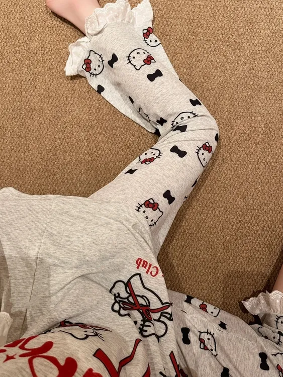 甜美风少女卡通kitty猫莫代尔短袖睡衣女夏季新款长裤套装家居服