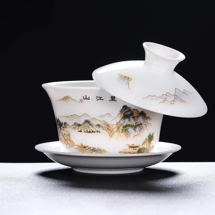 白瓷悬停盖碗大号泡茶碗陶瓷茶具功夫三才杯羊脂玉瓷家用280ml