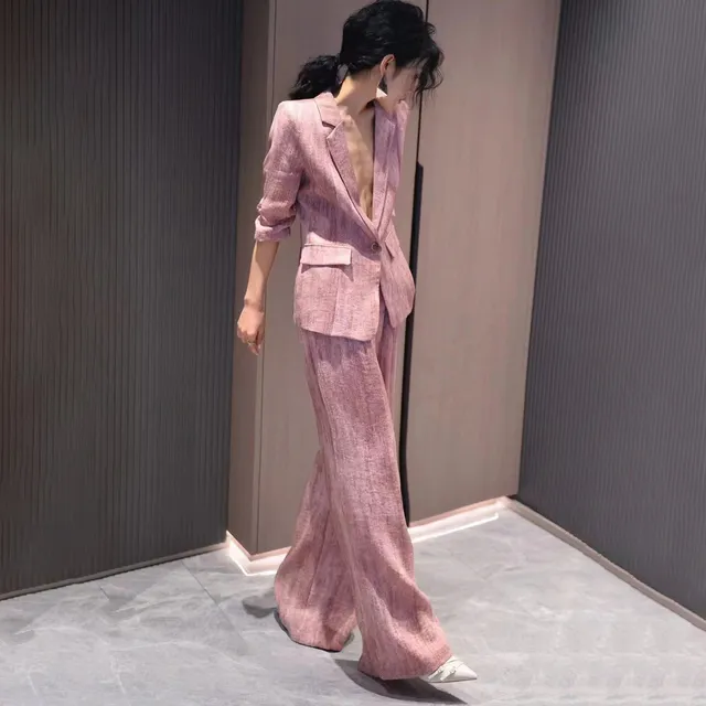 亚麻时尚职业套装女七分袖小西装夏季薄款2025新款阔腿裤两件套