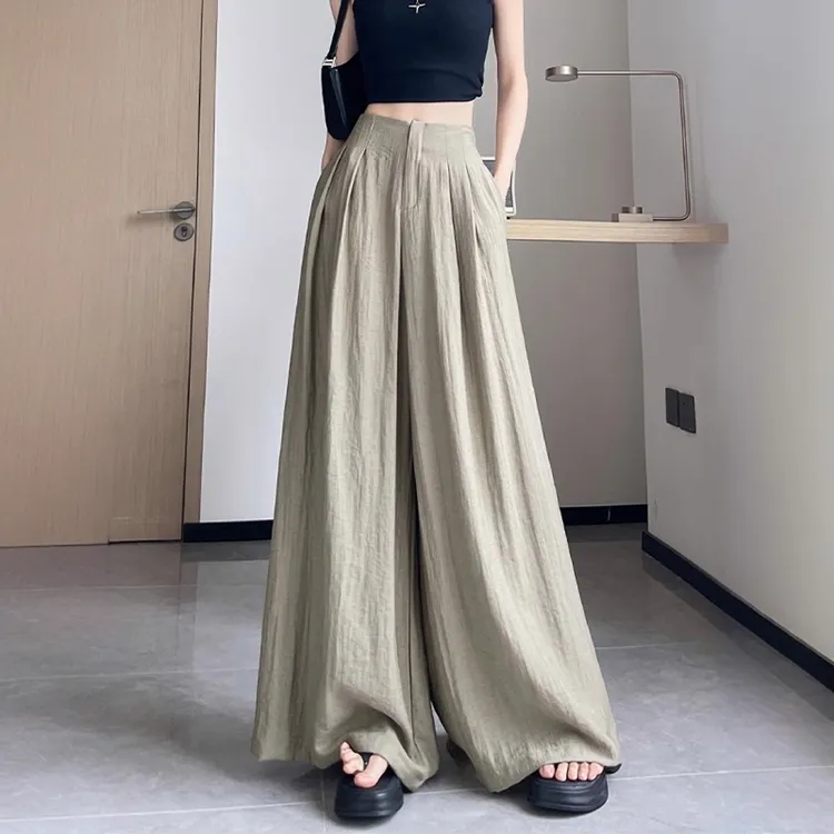 冰丝阔腿裤裙女棉麻夏季薄款山本裤松紧垂感拖地防晒亚麻裤子