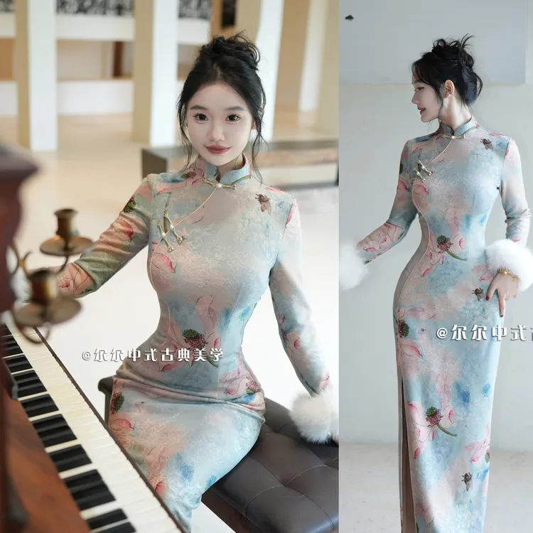【尔尔古典美学】印花秋冬时尚旗袍【粉荷秋冬款】秋季修身中国风