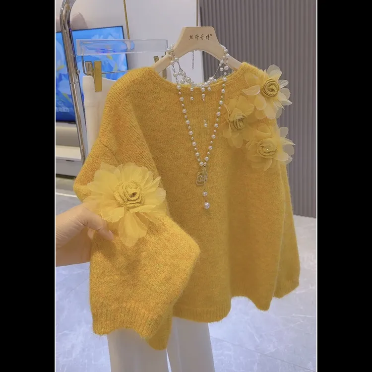 温柔气质针织衫绝美法式立体花朵套头毛衣女秋冬大码胖妹妹高级感