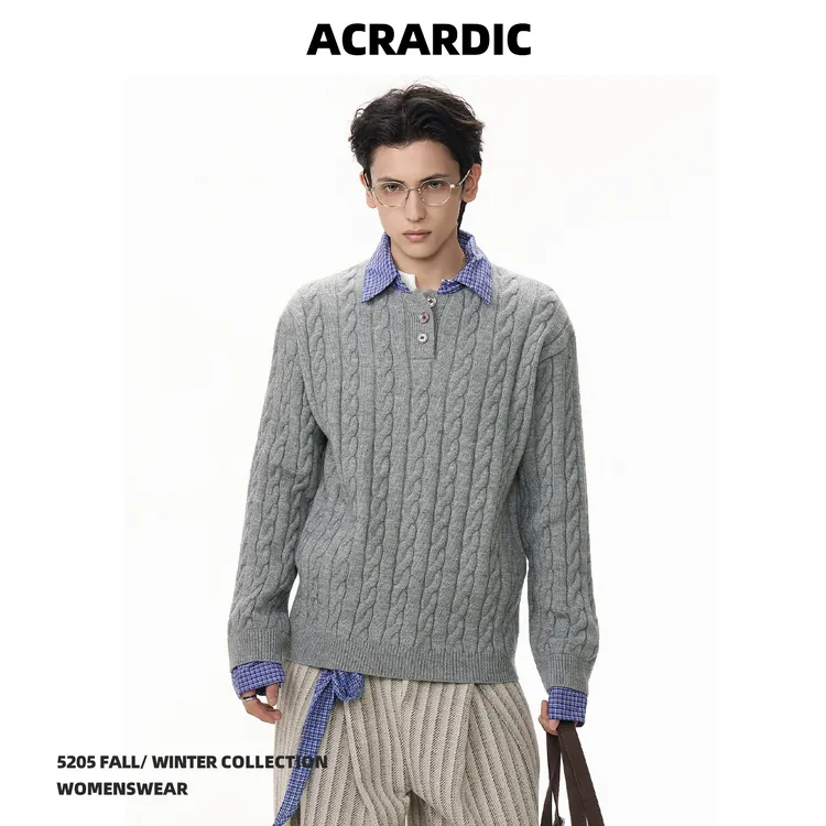 ACRARDIC秋冬美式格纹假两件毛衣男慵懒cleanfit麻花纹针织衫上衣