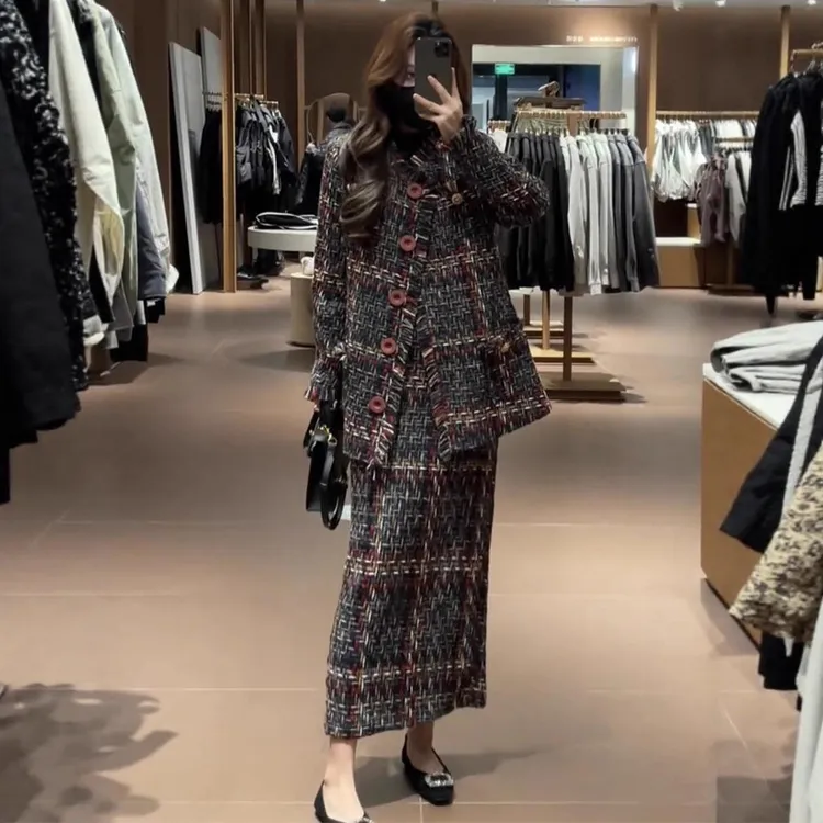 大码女装小香风毛呢外套胖mm中长款网红粗花呢编织西装半身裙套装