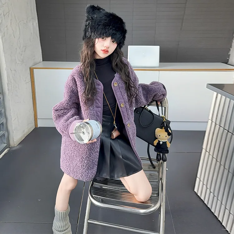 【嘻嘻柚】女童中大童秋冬潮酷皮毛一体外套宽松时尚百搭小香风气质