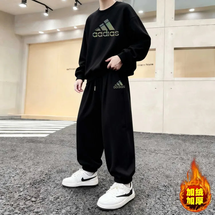 奥莱正品|中大男童运动套装秋冬新款户外跑步加绒圆领卫衣两件套