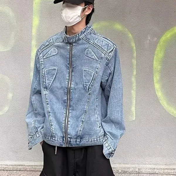 立体浮雕设计牛仔外套男春秋款美式高街宽松小众垫肩立领拉链夹克
