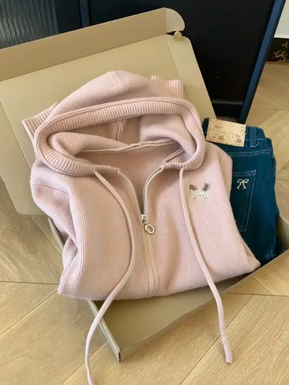 慵懒风粉色双拉链连帽毛衣外套女2025韩系宽松软糯外搭针织衫开衫