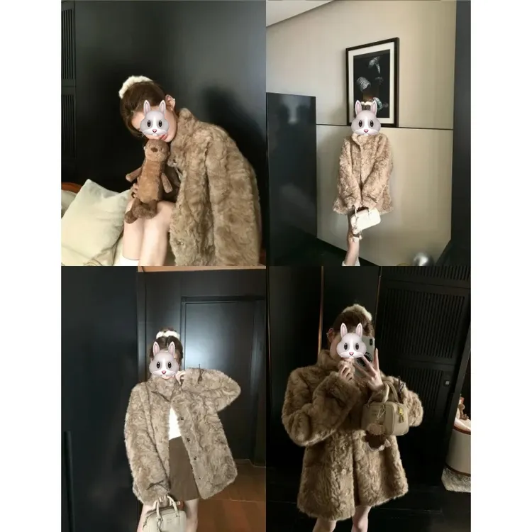 小熊心事 立领染尖环保皮毛一体外套女冬季慵懒休闲加厚毛毛大衣