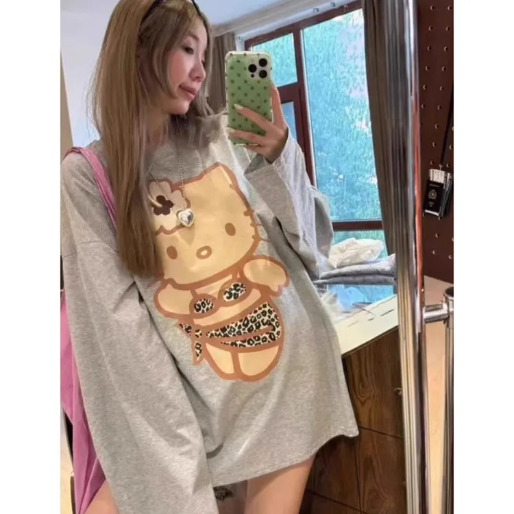 大码300斤韩国ins小众豹纹比基尼kitty卡通印花休闲宽松长袖T恤女
