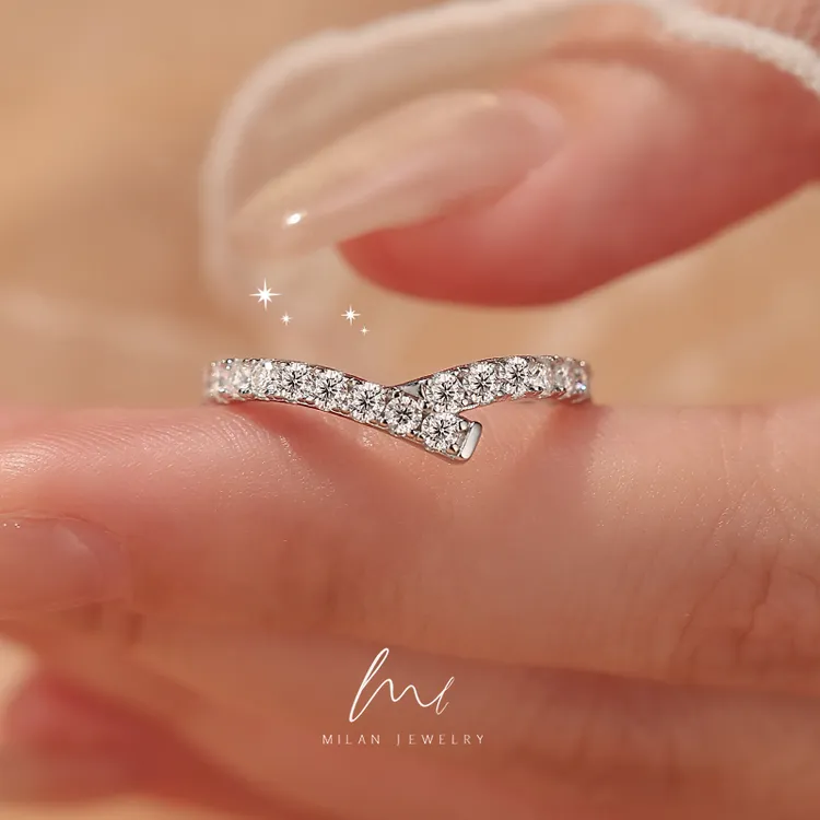 秘蓝 925银莫桑石戒指 交叉满钻排戒/纯银高级感婚戒女款轻奢百搭