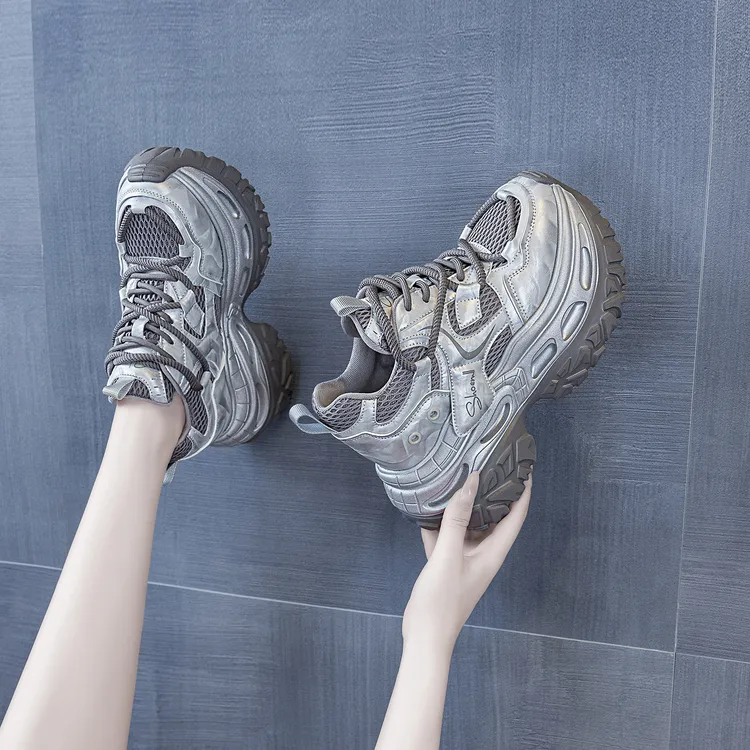 增高10-13cm老爹鞋女2025秋冬款轮胎底拼色时尚ins潮鞋厚底休闲鞋