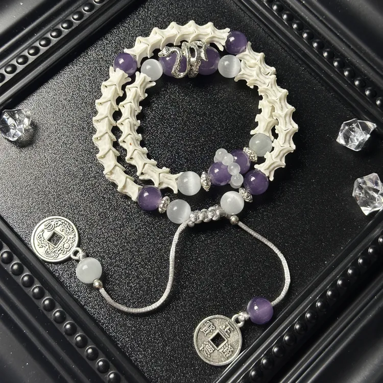 手链 手串天然蛇骨烟灰紫白猫眼石纯天然真蛇骨手链个性化礼物