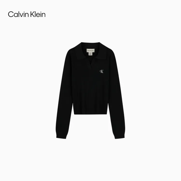 CK Jeans25秋季新款女士优雅通勤V领修身短款POLO针织衫