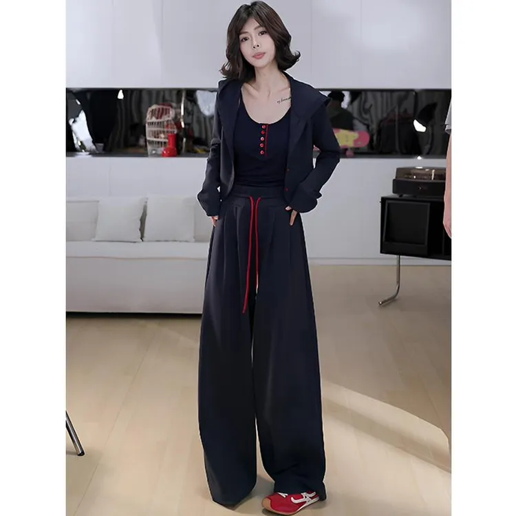 时尚休闲运动套装女秋季连帽卫衣外套吊带背心阔腿裤高级感三件套