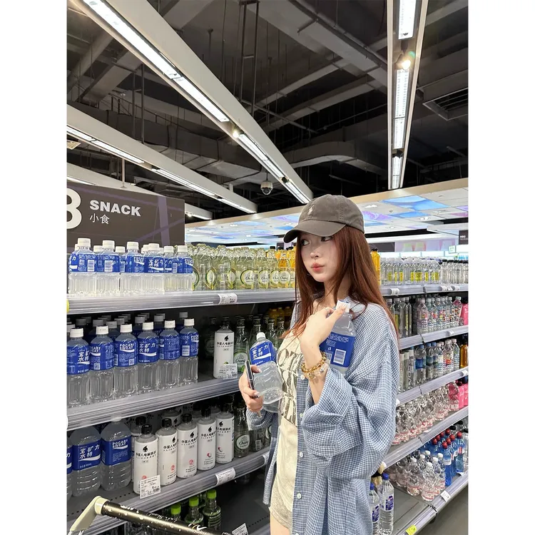 番茄妹妹Tomatosister 复古水洗蓝色格子衬衫女外搭宽松衬衣外套