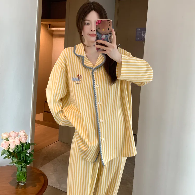 春秋季纯棉长袖睡衣女款开衫条纹宽松休闲可外穿网红家居服两件套