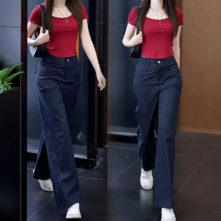 2025新款薄款西装阔腿裤女秋季高腰宽松休闲裤百搭时尚藏青色裤子