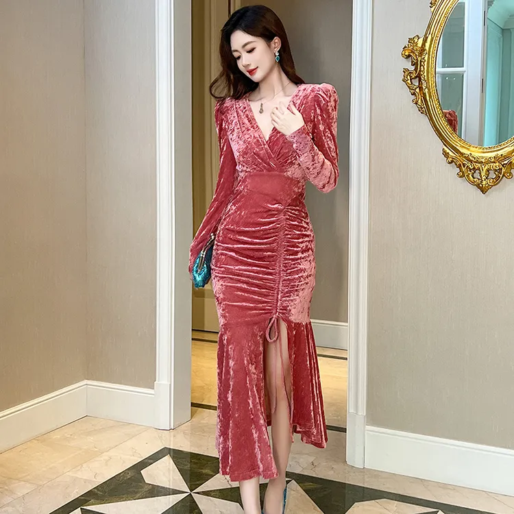 裙子秋冬款高开叉性感御姐风修身女神范气质名媛长裙丝绒连衣裙女