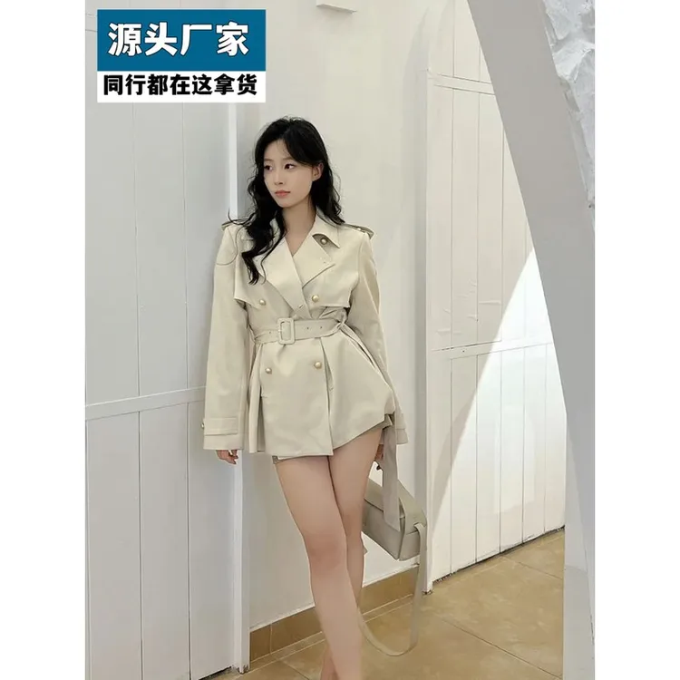 梵乐芬温柔气质西装领收腰长袖外套女韩版简约通勤双排扣中长款风
