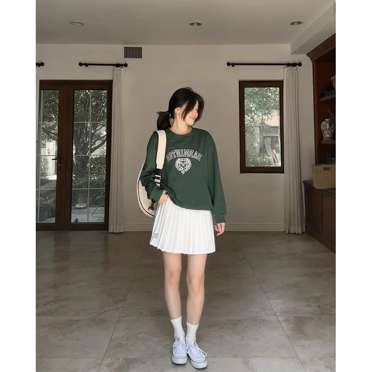 郭九九呢 棉质休闲绣花宽松显瘦卫衣简约百褶半裙短袖 G925A13157