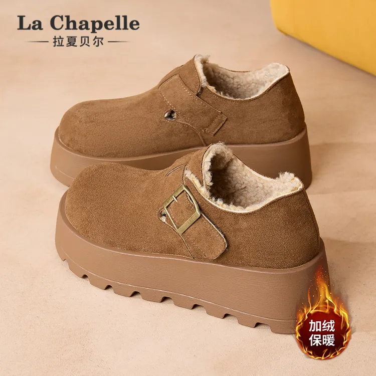 拉夏贝尔厚底勃肯鞋女2025年新款秋冬加绒毛毛一脚蹬百搭增高棉鞋