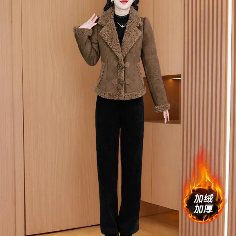 品牌美拉德时尚长袖套装女2025秋冬新款加绒加厚小香风气质两件套